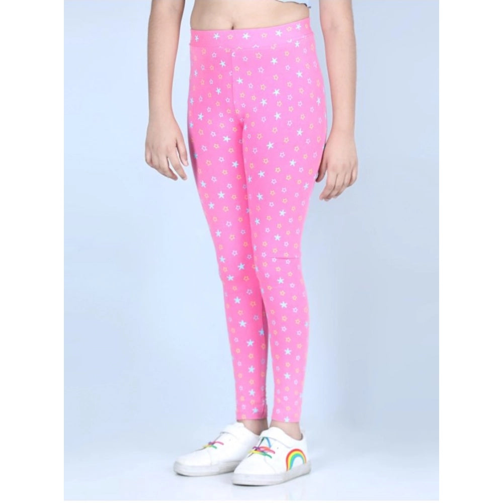 Girl's Cotton Lycra Printed Elasticated Leggings — Pink · -YRS