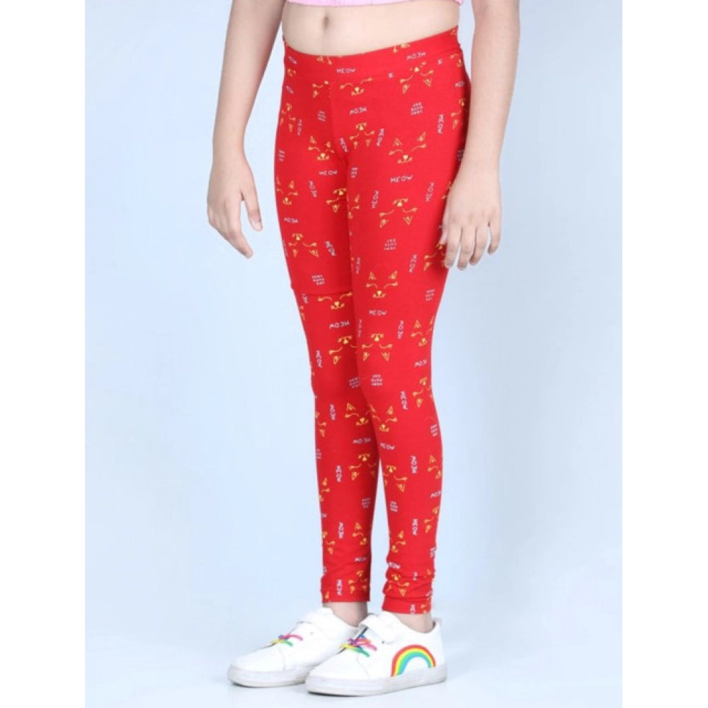 Girl's Cotton Lycra Printed Elasticated Leggings — Red · -YRS