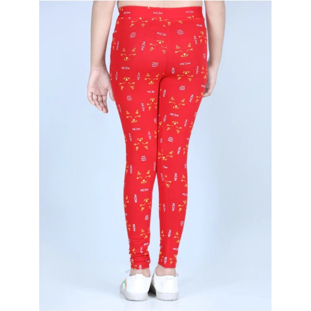 Girl's Cotton Lycra Printed Elasticated Leggings — Red · -YRS
