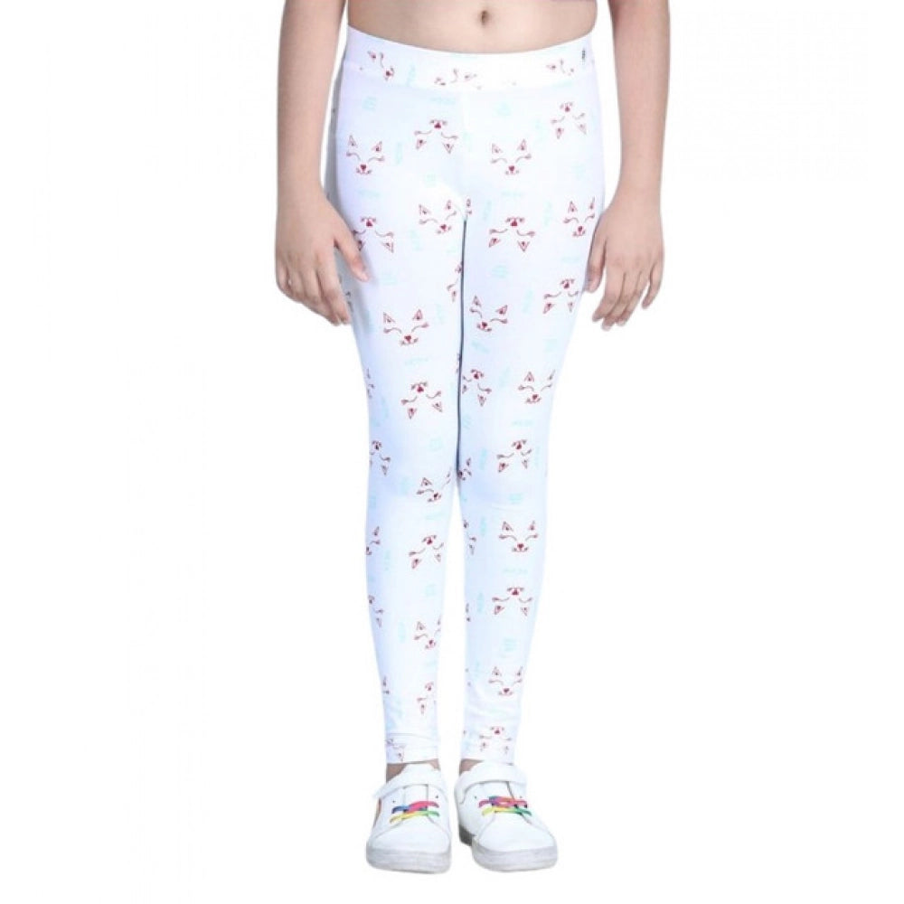 Girl's Cotton Lycra Printed Elasticated Leggings — White · -YRS