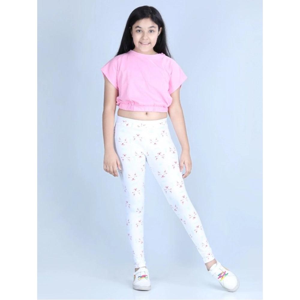 Girl's Cotton Lycra Printed Elasticated Leggings — White · -YRS
