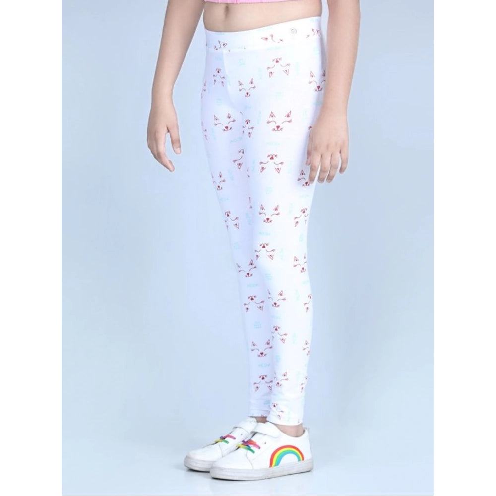 Girl's Cotton Lycra Printed Elasticated Leggings — White · -YRS