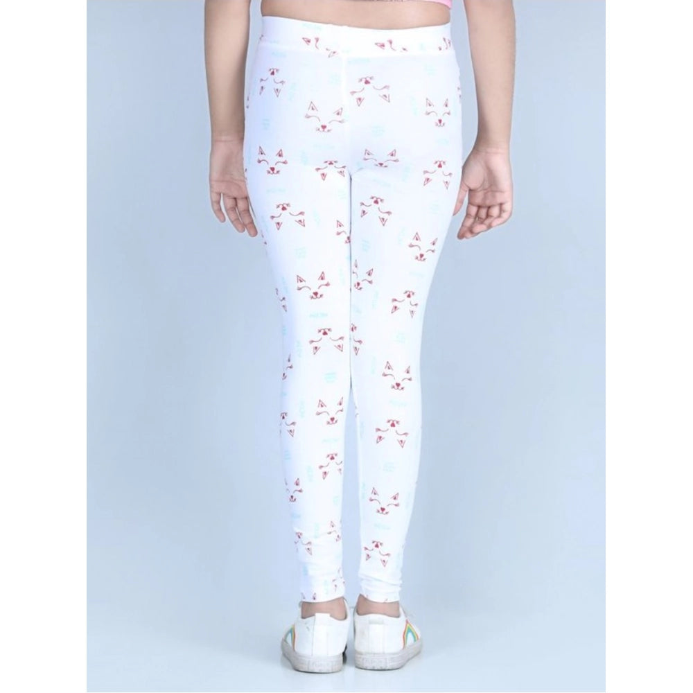Girl's Cotton Lycra Printed Elasticated Leggings — White · -YRS