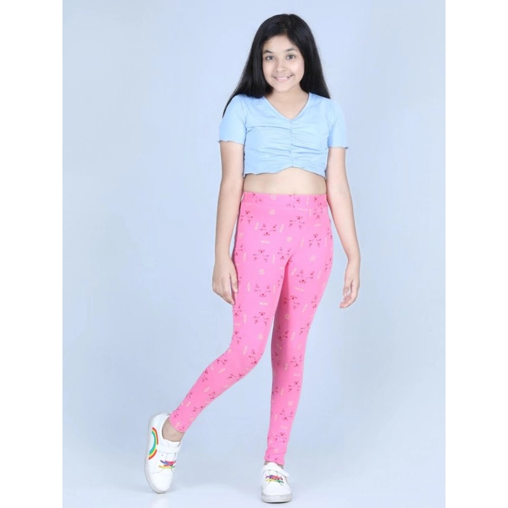 Girl's Cotton Lycra Printed Elasticated Leggings — Pink · -YRS