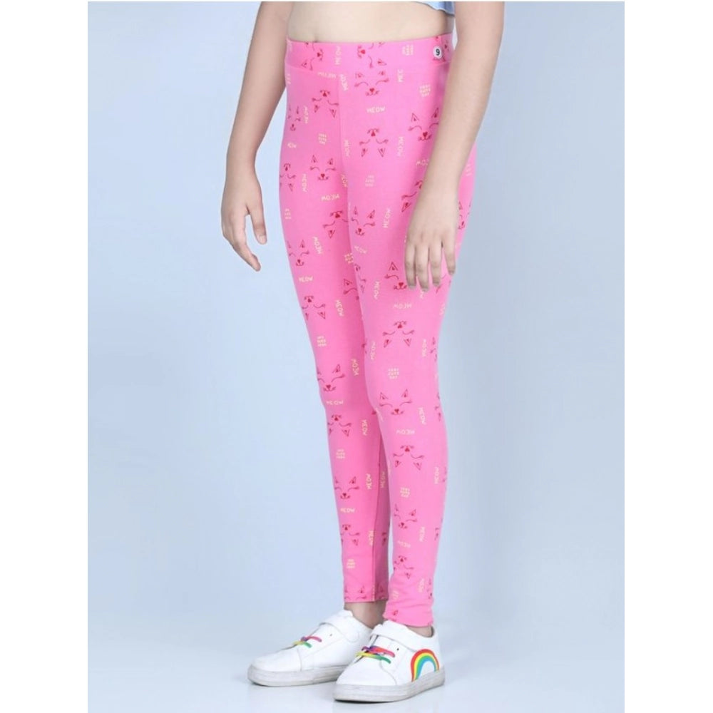 Girl's Cotton Lycra Printed Elasticated Leggings — Pink · -YRS