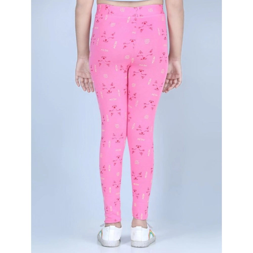 Girl's Cotton Lycra Printed Elasticated Leggings — Pink · -YRS