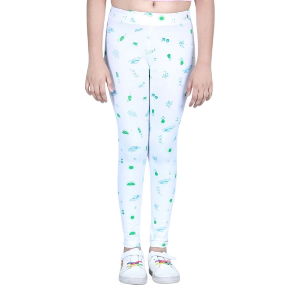 Girl's Cotton Lycra Printed Elasticated Leggings — White · -YRS