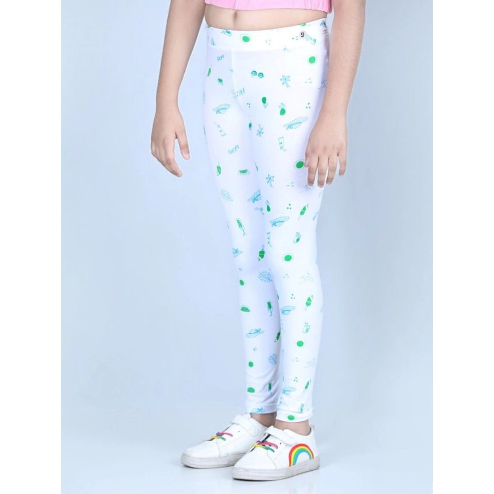 Girl's Cotton Lycra Printed Elasticated Leggings — White · -YRS