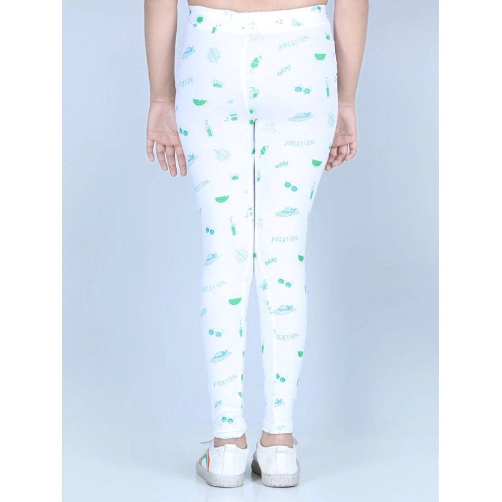 Girl's Cotton Lycra Printed Elasticated Leggings — White · -YRS