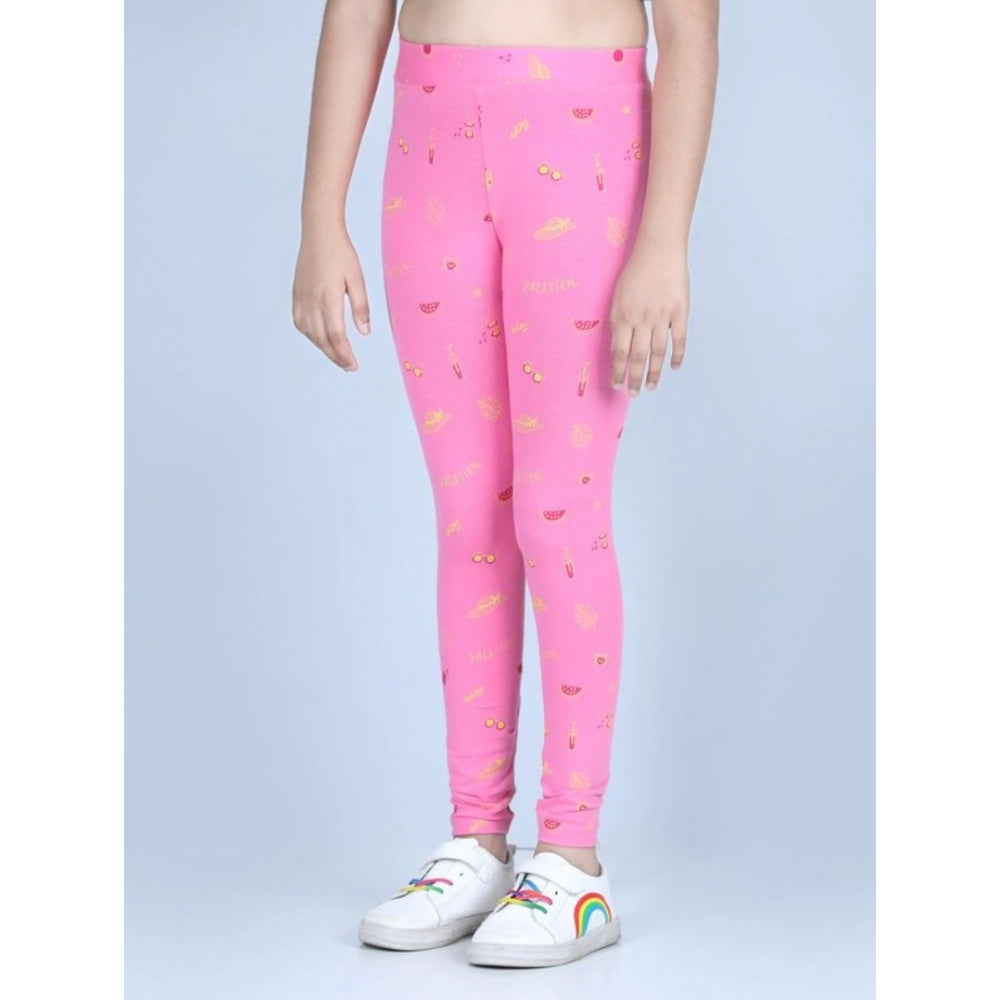 Girl's Cotton Lycra Printed Elasticated Leggings — Pink · -YRS