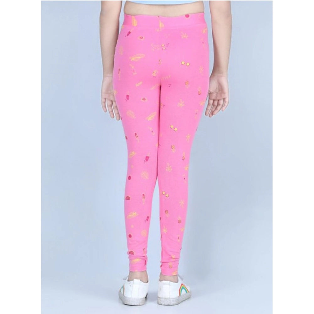 Girl's Cotton Lycra Printed Elasticated Leggings — Pink · -YRS