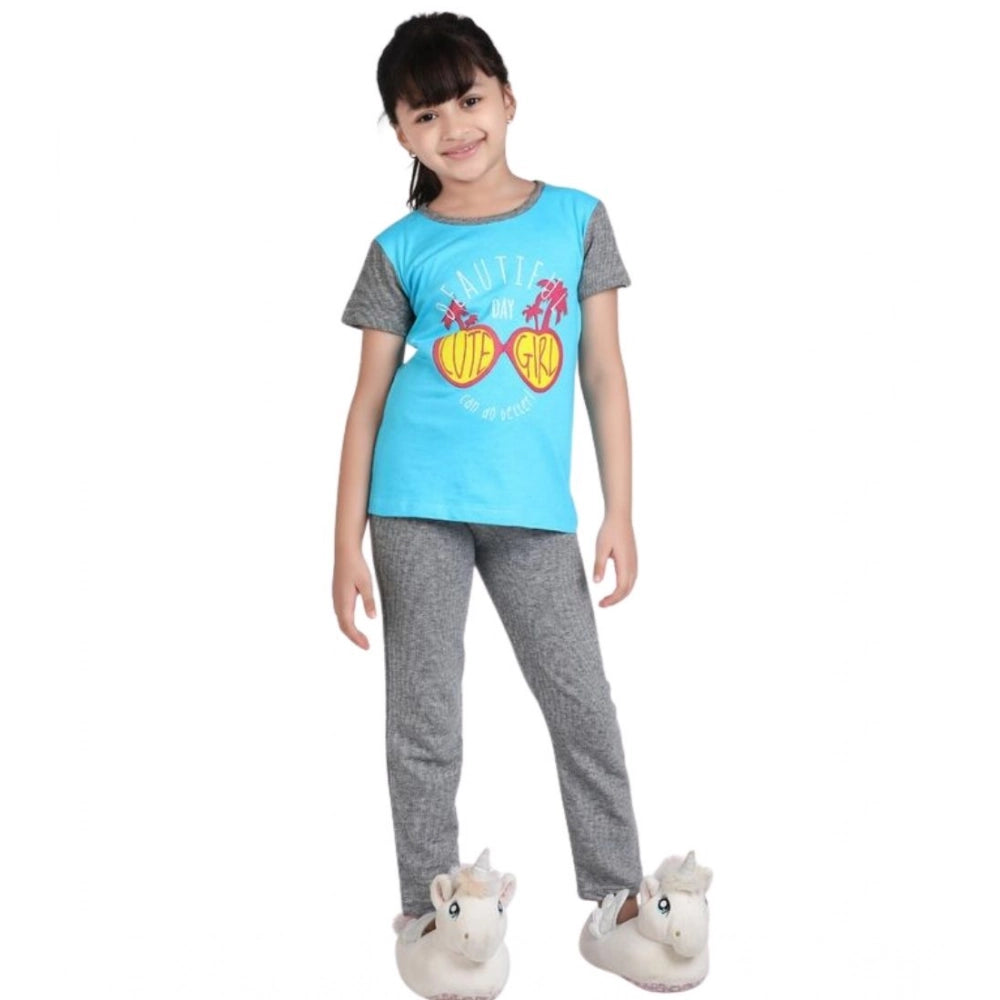 Girl's Cotton Hosiery Printed Night Suit Set — Blue-Grey