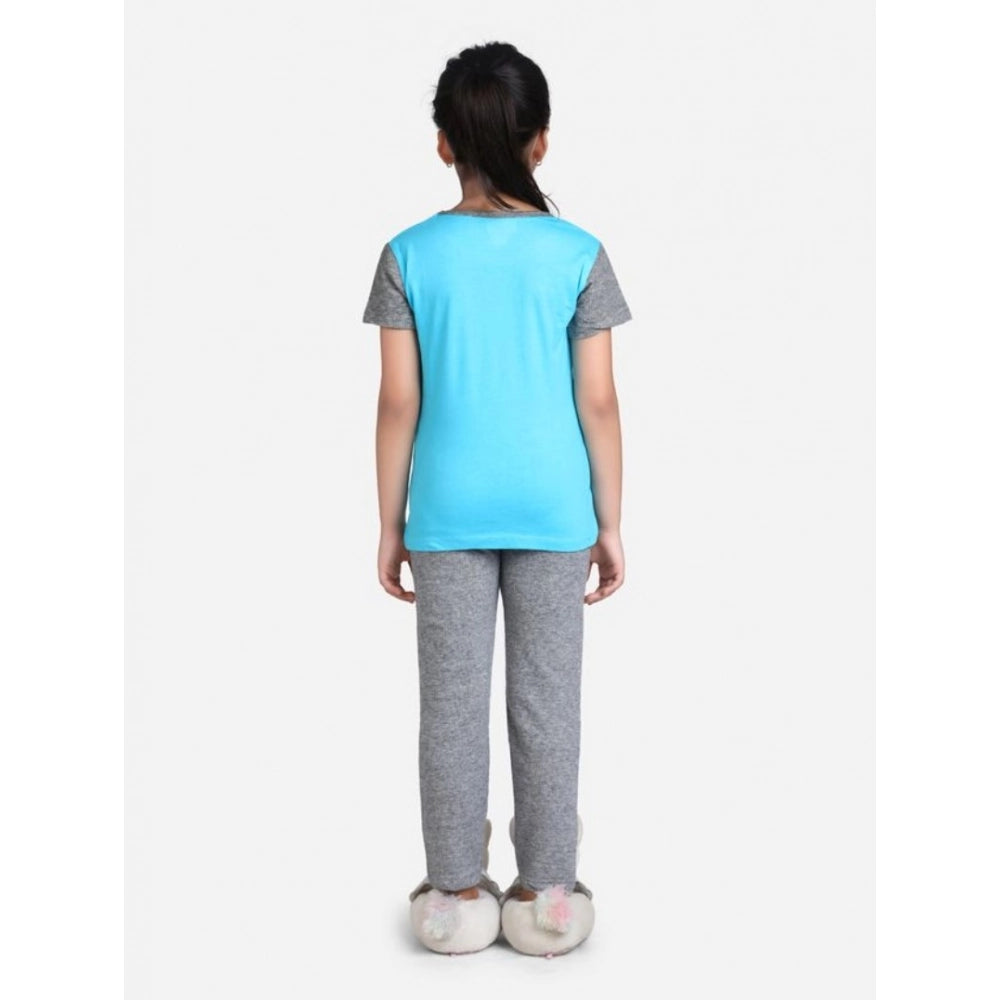 Girl's Cotton Hosiery Printed Night Suit Set — Blue-Grey
