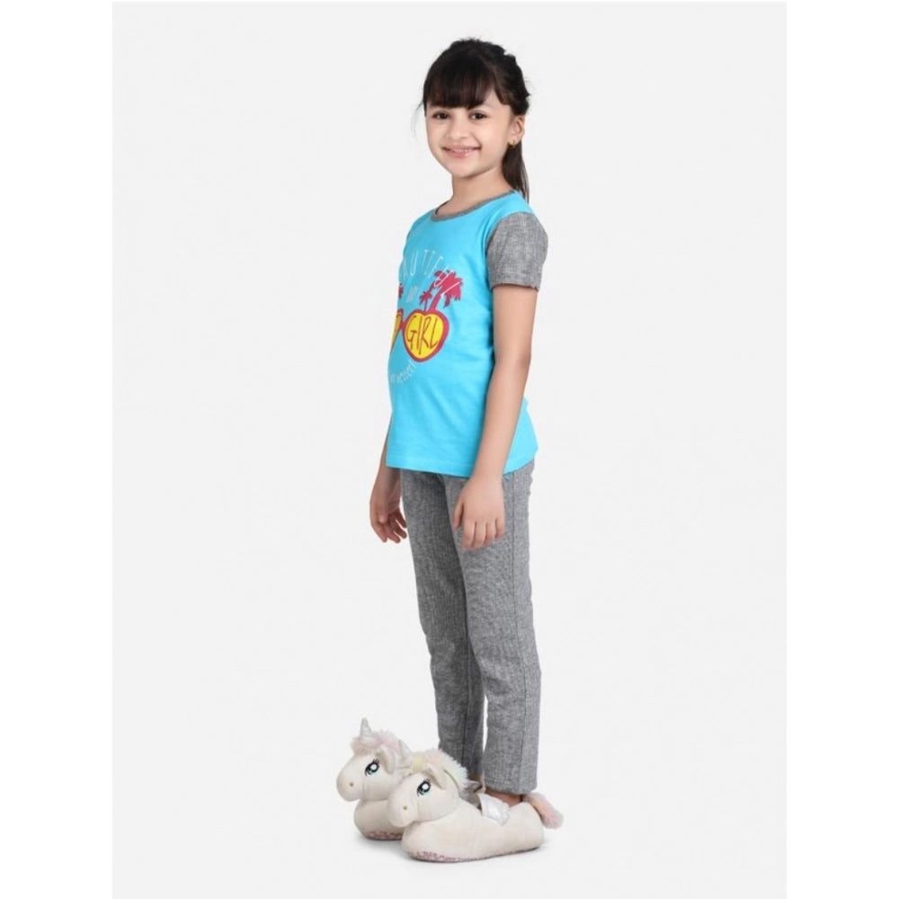 Girl's Cotton Hosiery Printed Night Suit Set — Blue-Grey