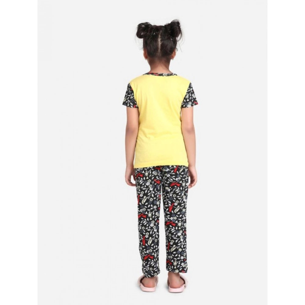 Girl's Cotton Hosiery Printed Night Suit Set — Yellow-Black