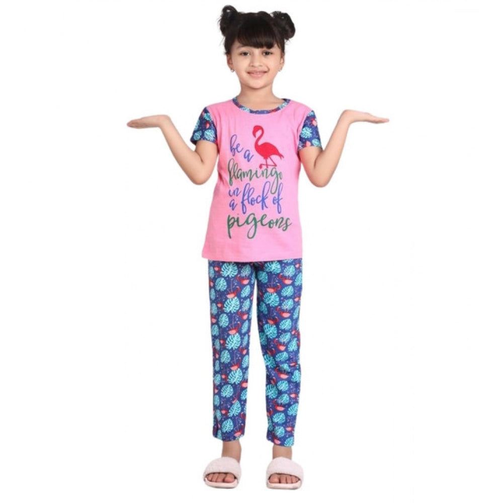 Girl's Cotton Hosiery Printed Night Suit Set — Pink-Blue