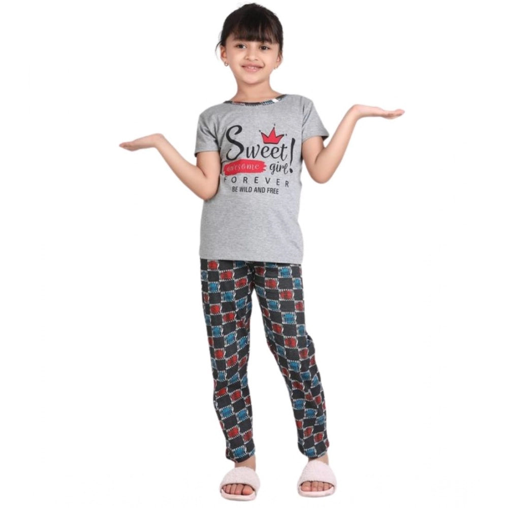 Girl's Cotton Hosiery Printed Night Suit Set — Grey-Red