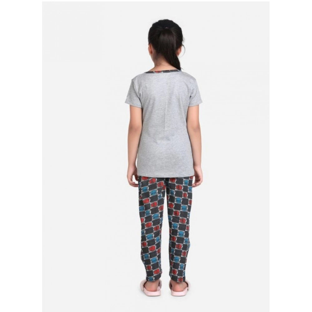 Girl's Cotton Hosiery Printed Night Suit Set — Grey-Red