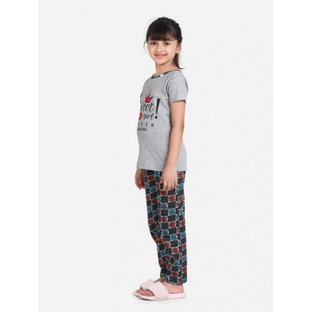 Girl's Cotton Hosiery Printed Night Suit Set — Grey-Red
