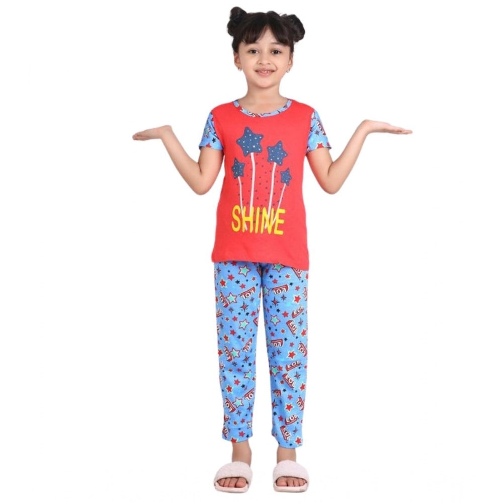 Girl's Cotton Hosiery Printed Night Suit Set — Red-Blue