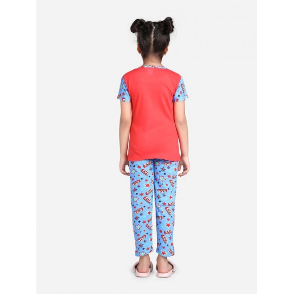 Girl's Cotton Hosiery Printed Night Suit Set — Red-Blue