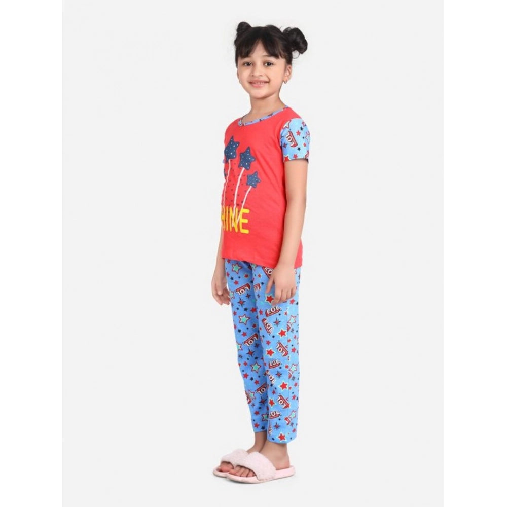 Girl's Cotton Hosiery Printed Night Suit Set — Red-Blue