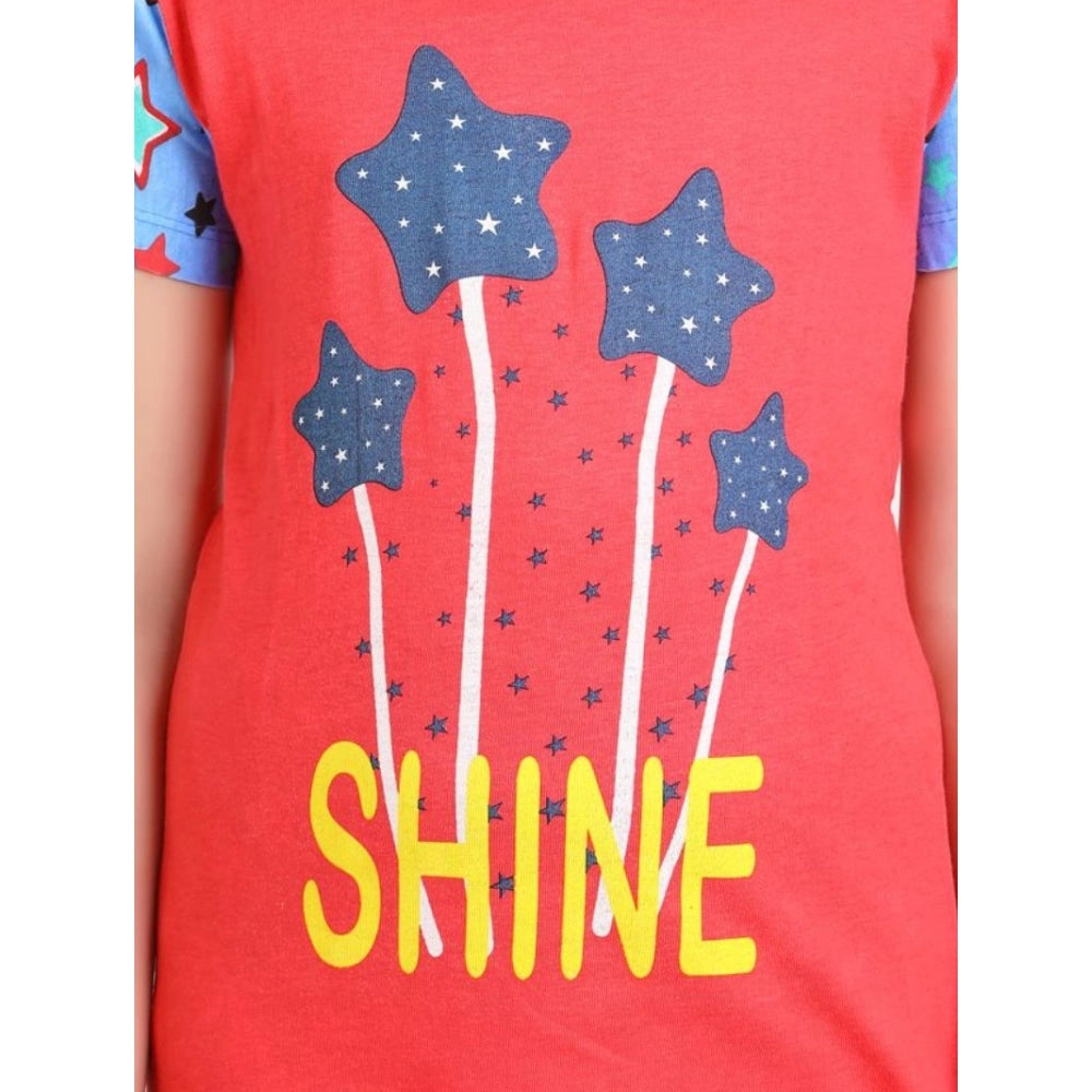 Girl's Cotton Hosiery Printed Night Suit Set — Red-Blue