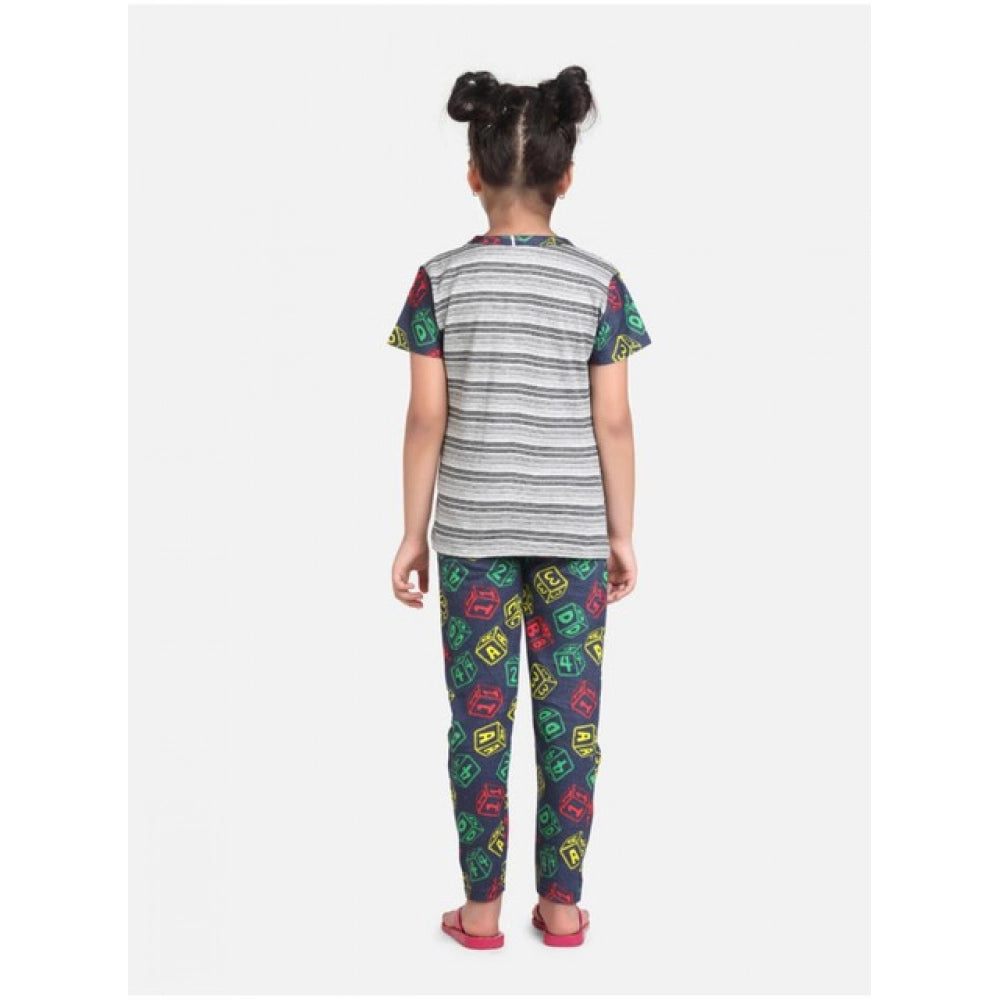 Girl's Cotton Hosiery Printed Night Suit Set — Grey-Green
