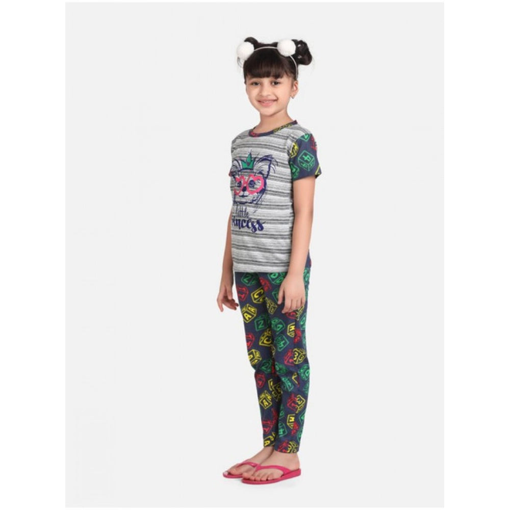 Girl's Cotton Hosiery Printed Night Suit Set — Grey-Green