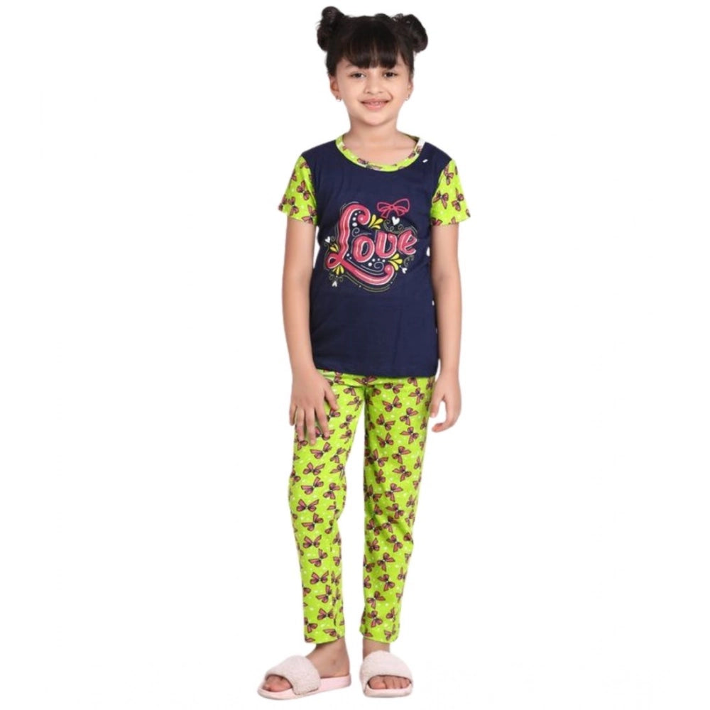 Girl's Cotton Hosiery Printed Night Suit Set — Navy-Green