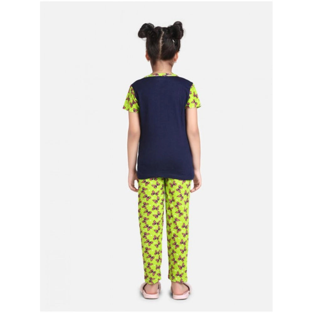 Girl's Cotton Hosiery Printed Night Suit Set — Navy-Green