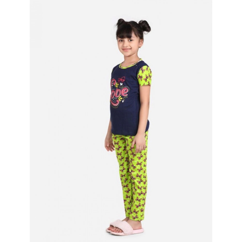 Girl's Cotton Hosiery Printed Night Suit Set — Navy-Green