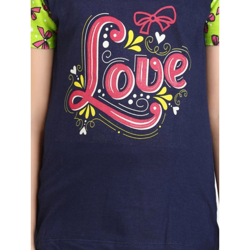 Girl's Cotton Hosiery Printed Night Suit Set — Navy-Green