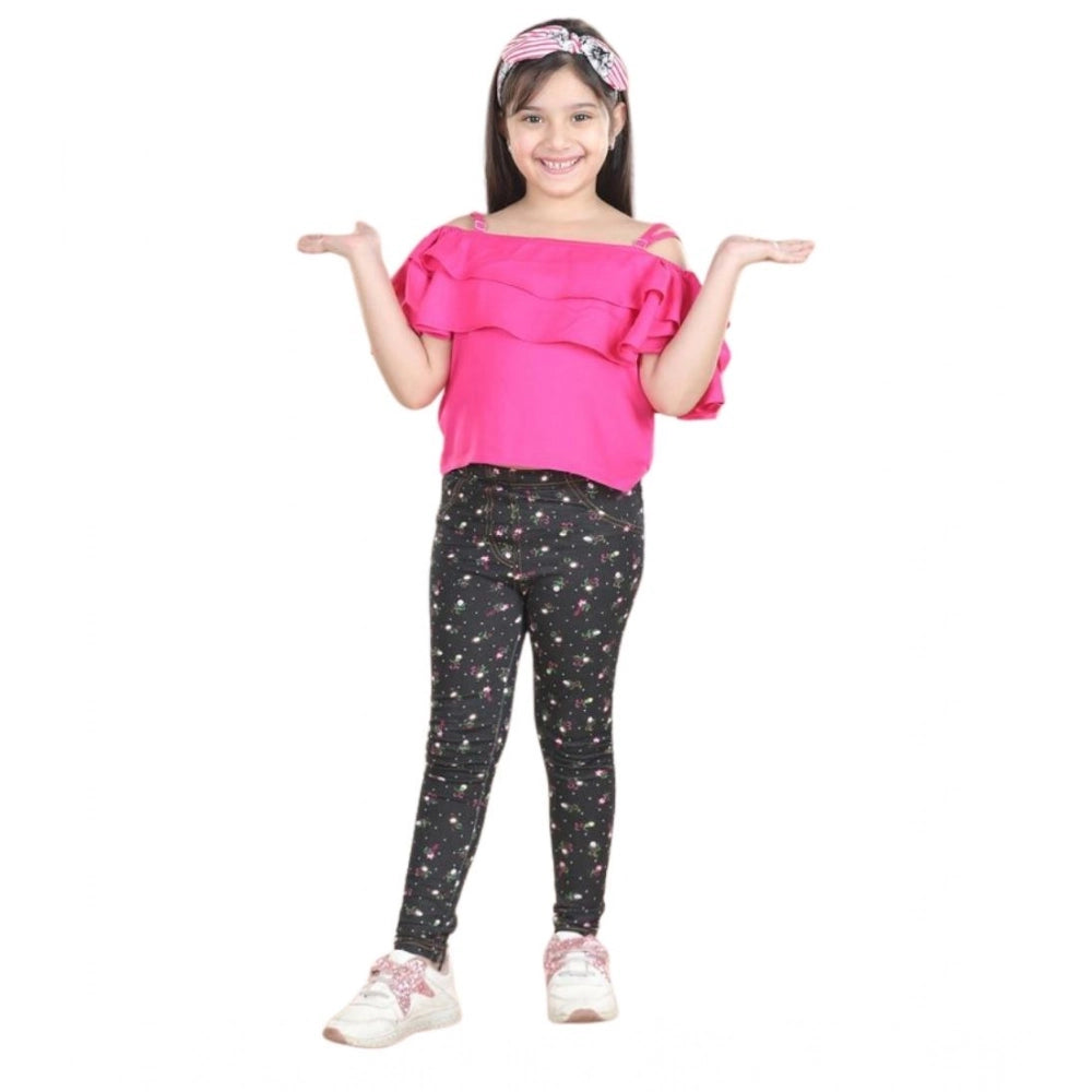 Girl's Cotton Floral Elasticated Jegging And Top Set — Pink