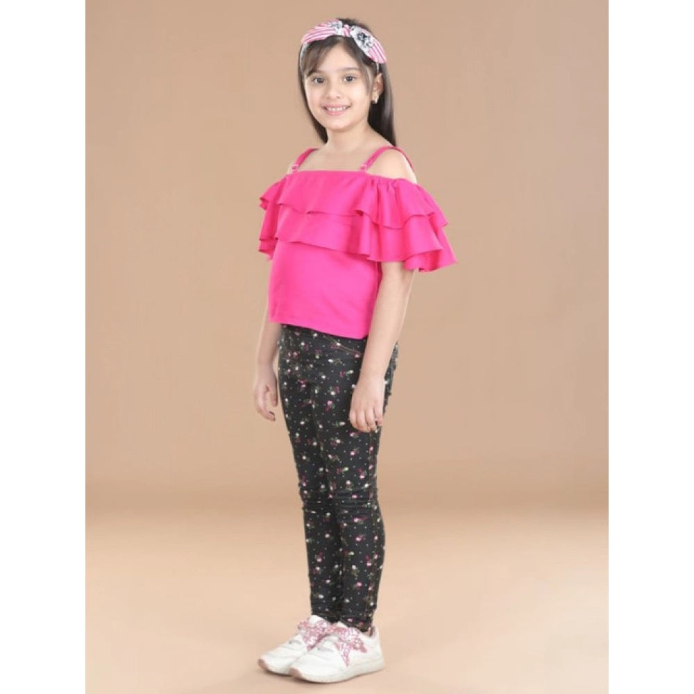 Girl's Cotton Floral Elasticated Jegging And Top Set — Pink