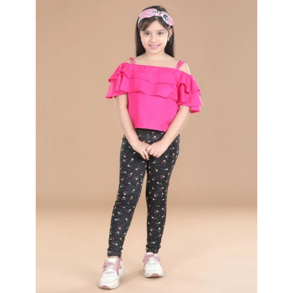 Girl's Cotton Floral Elasticated Jegging And Top Set — Pink