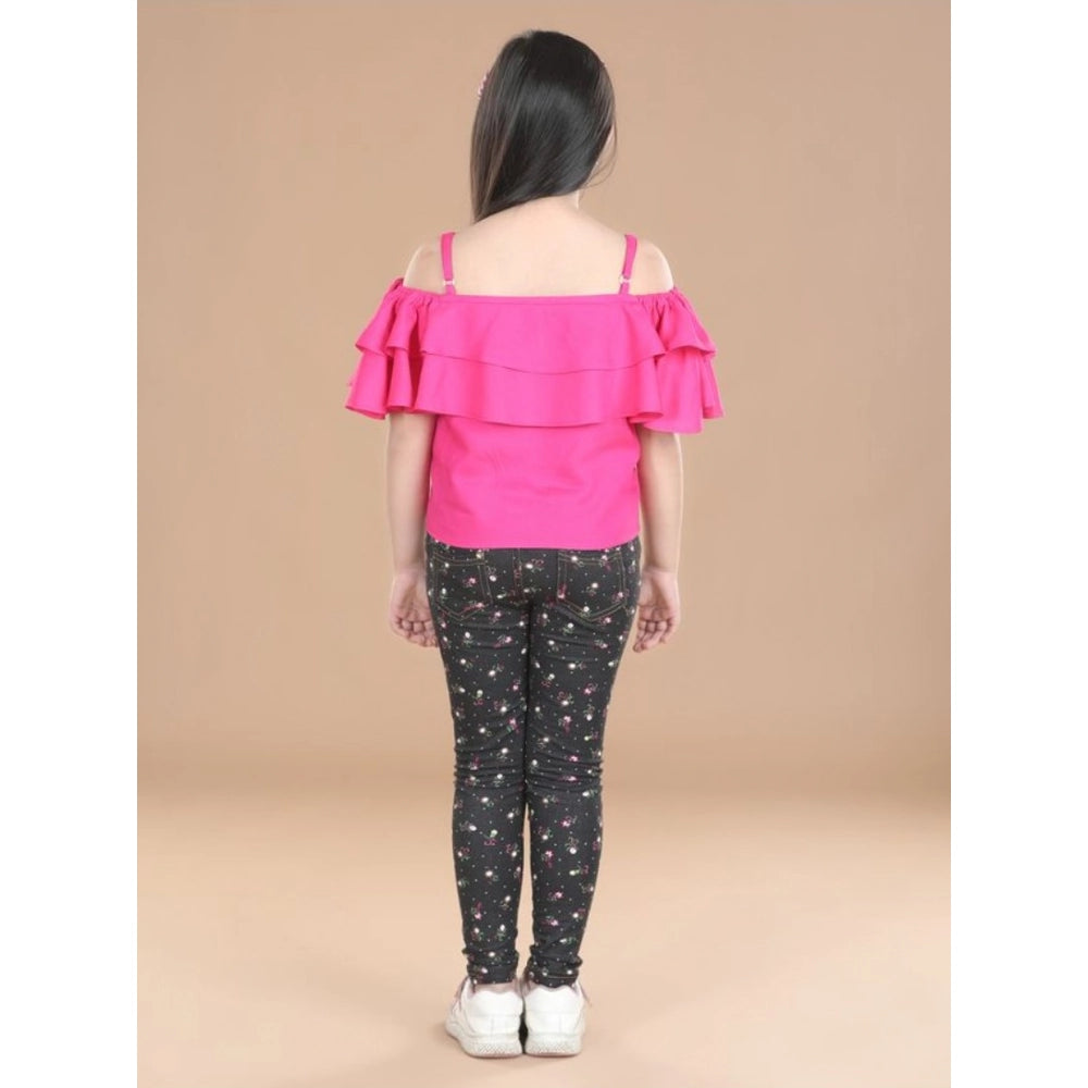 Girl's Cotton Floral Elasticated Jegging And Top Set — Pink
