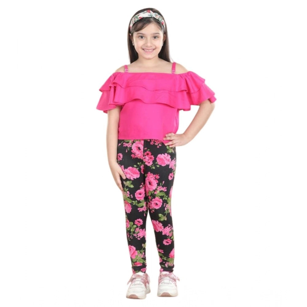 Girl's Cotton Floral Elasticated Jegging And Top Set — Black-Pink