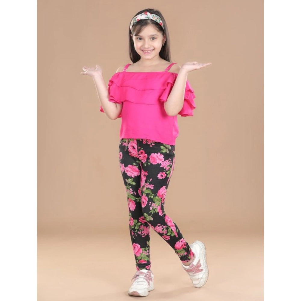 Girl's Cotton Floral Elasticated Jegging And Top Set — Black-Pink