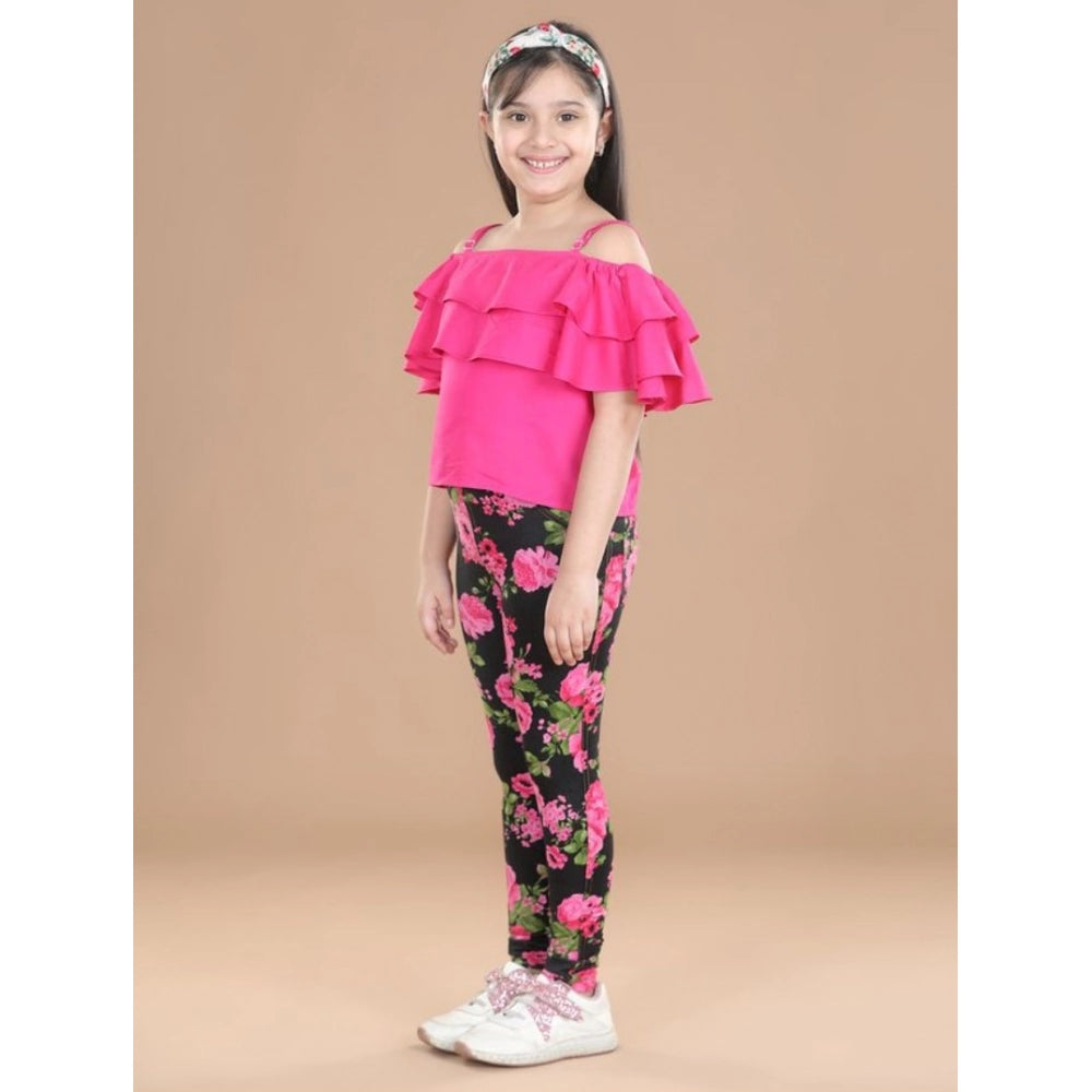 Girl's Cotton Floral Elasticated Jegging And Top Set — Black-Pink