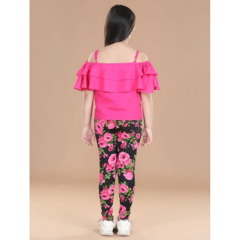 Girl's Cotton Floral Elasticated Jegging And Top Set — Black-Pink
