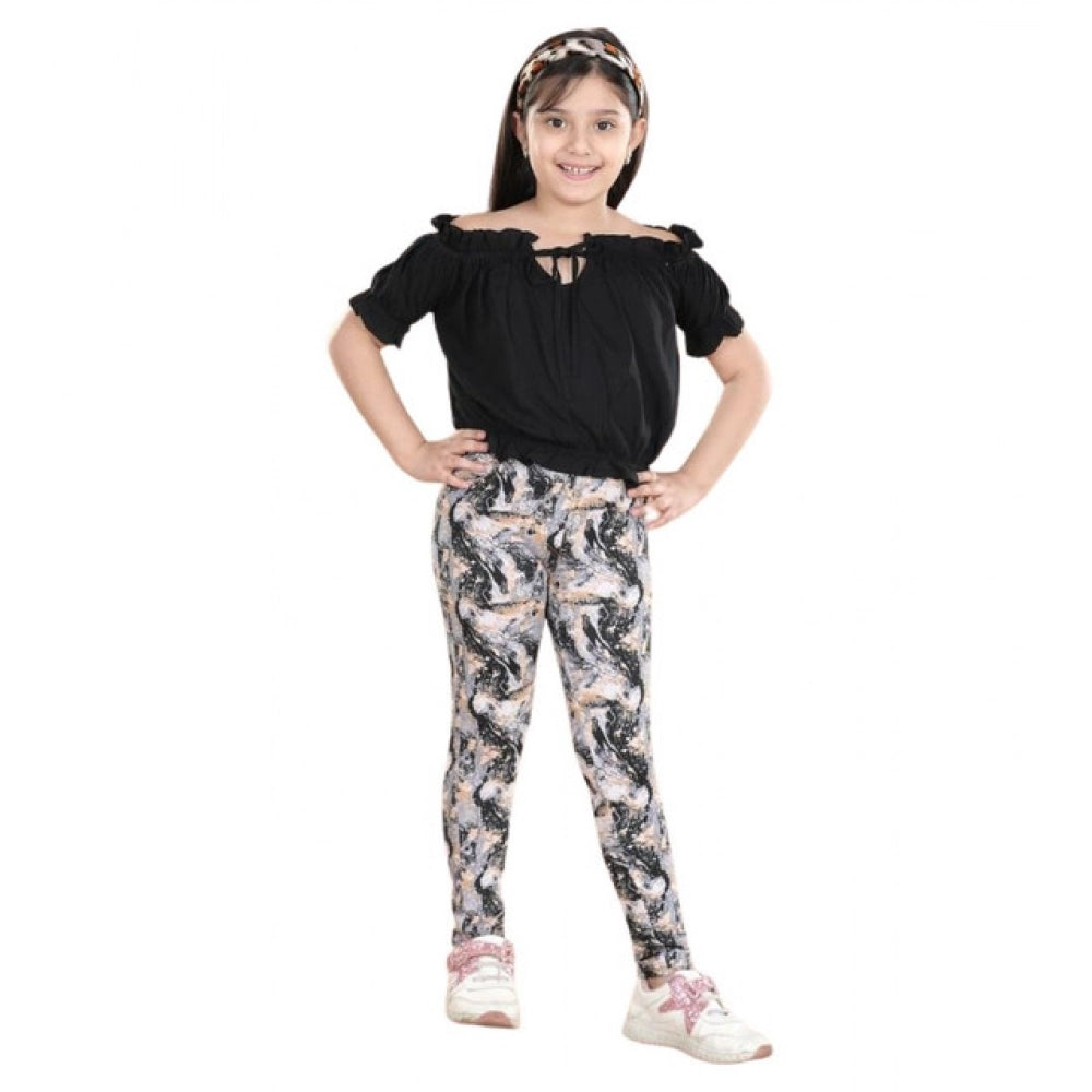 Girl's Cotton Floral Elasticated Jegging And Top Set — Black
