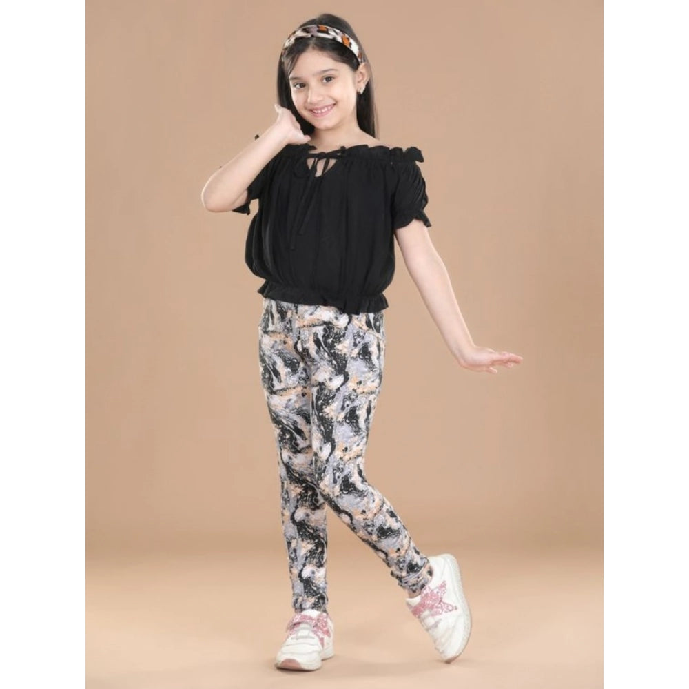 Girl's Cotton Floral Elasticated Jegging And Top Set — Black
