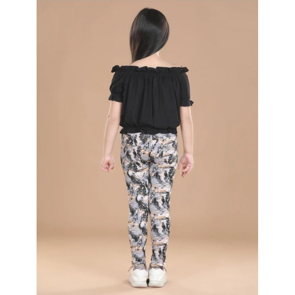 Girl's Cotton Floral Elasticated Jegging And Top Set — Black