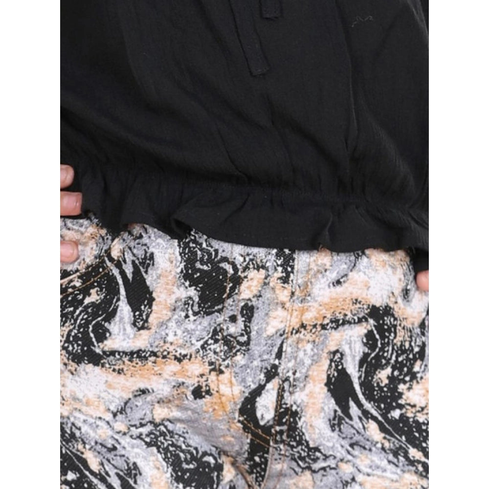 Girl's Cotton Floral Elasticated Jegging And Top Set — Black
