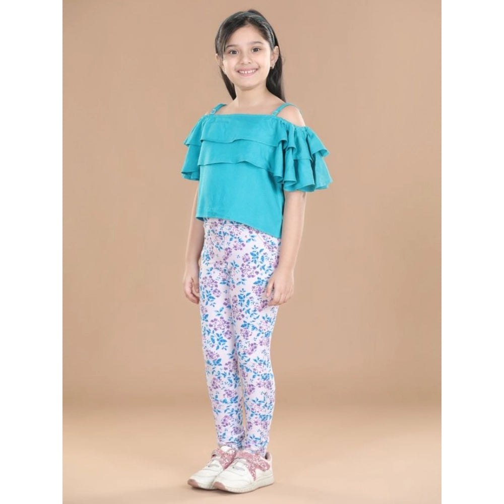 Girl's Cotton Floral Elasticated Jegging And Top Set — Turquoise Blue