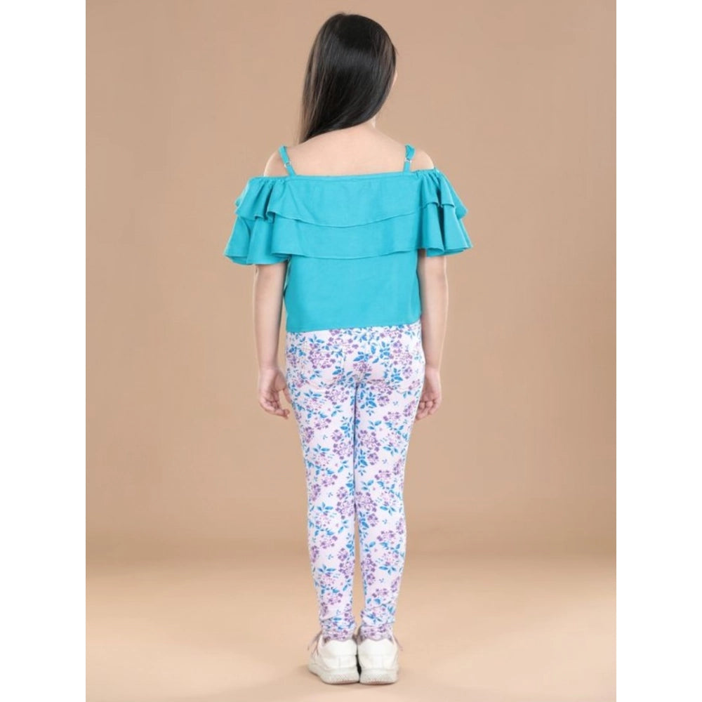 Girl's Cotton Floral Elasticated Jegging And Top Set — Turquoise Blue