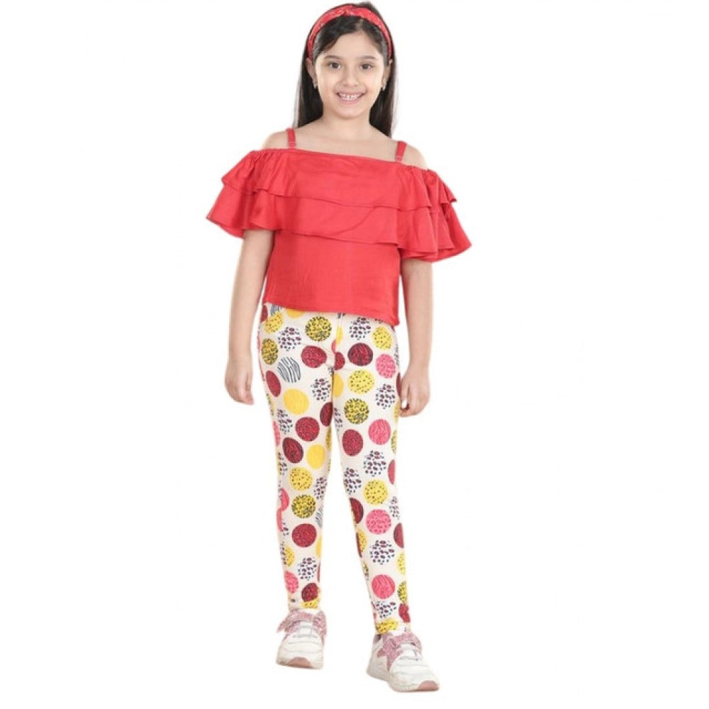 Girl's Cotton Floral Elasticated Jegging And Top Set — Red