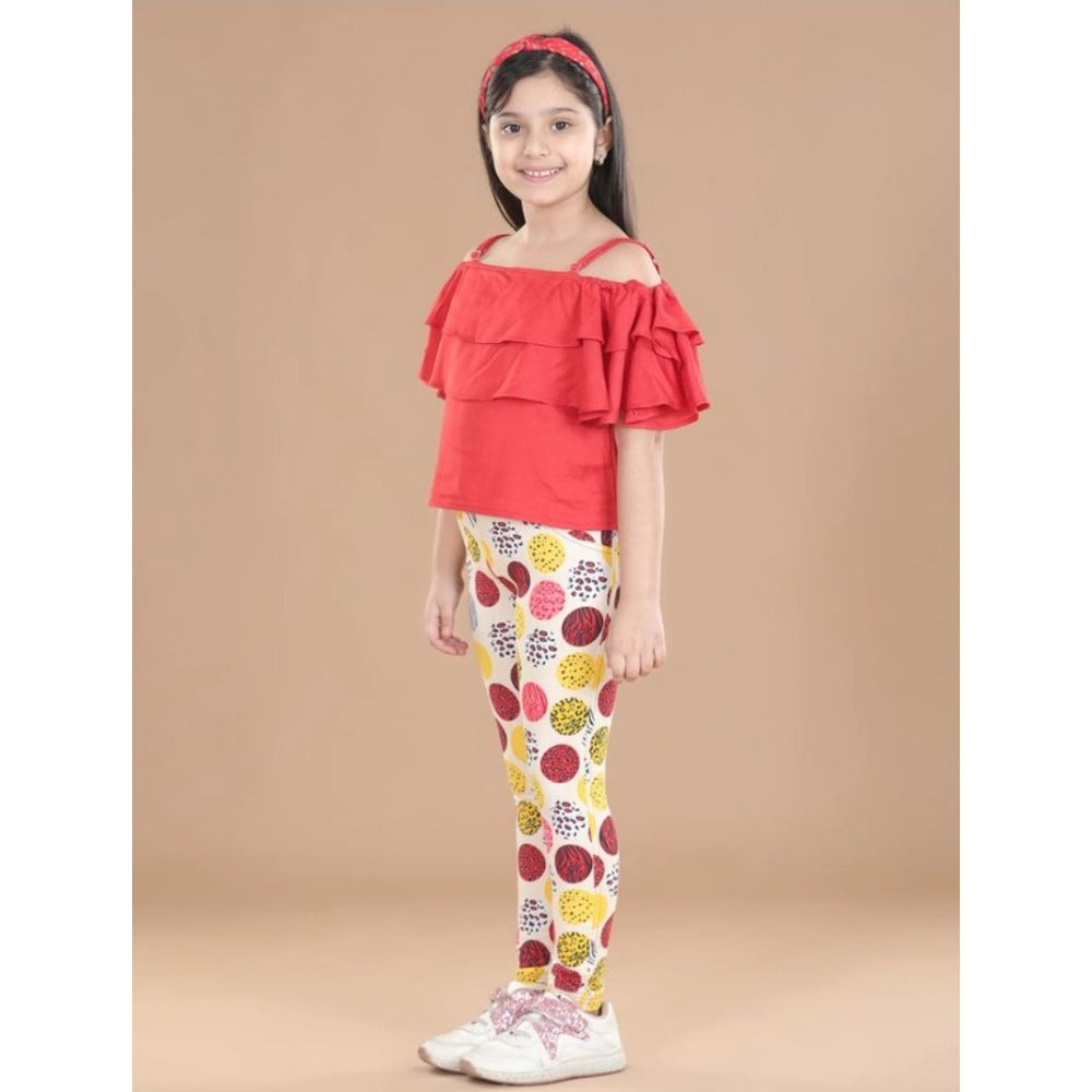 Girl's Cotton Floral Elasticated Jegging And Top Set — Red