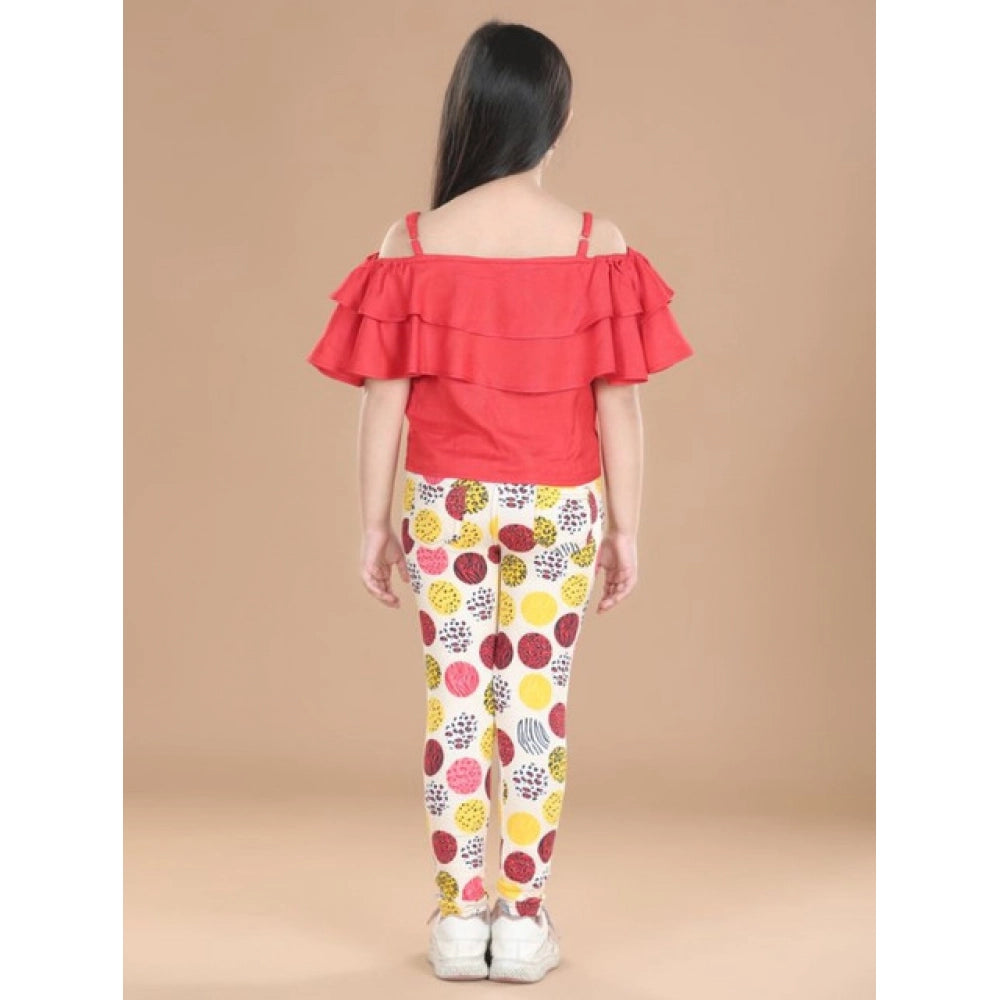 Girl's Cotton Floral Elasticated Jegging And Top Set — Red